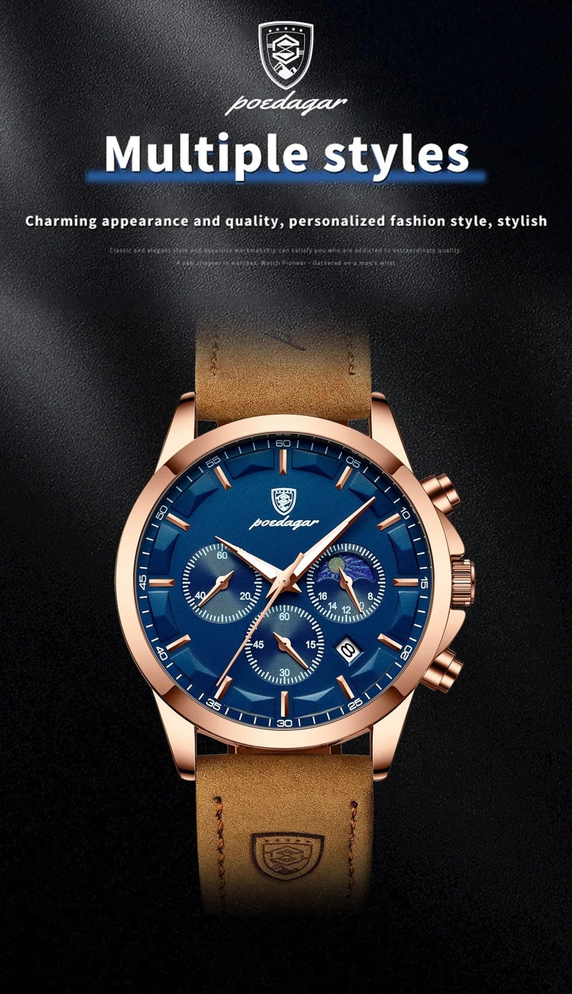 POEDAGAR Luxury Men's Chronograph Watch - Waterproof, Luminous, Leather Strap