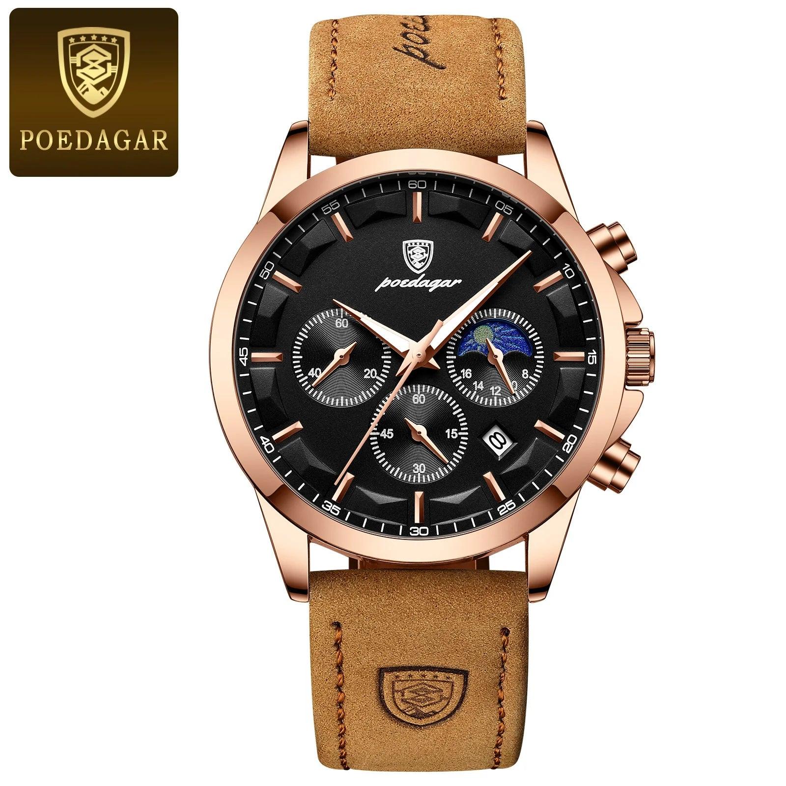 POEDAGAR Luxury Men's Chronograph Watch - Waterproof, Luminous, Leather Strap